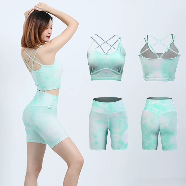 Eco Friendly Recycled Fabric Wear Sustainable Clothing 2 Piece Gym Fitness Yoga Bra Women Clothes Skin Tight Shorts Set