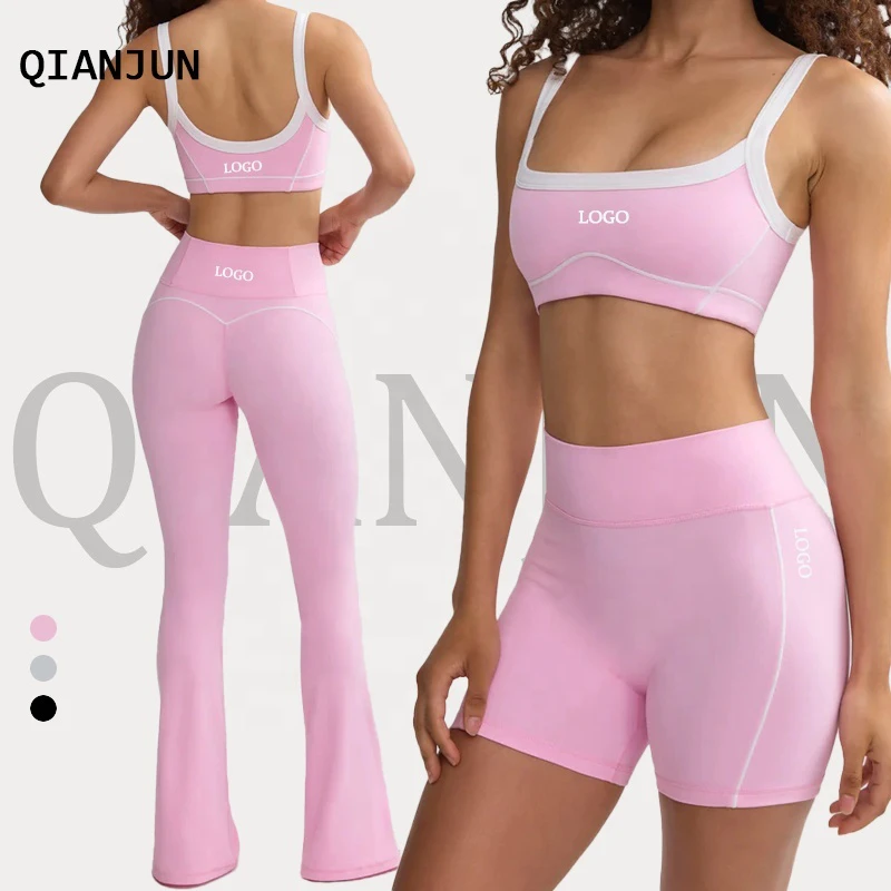 Women's Reversible Gym Yoga Set High Waist No Front Seam Flared Fabric Legging Bottom Split Side White Line Breathable Print