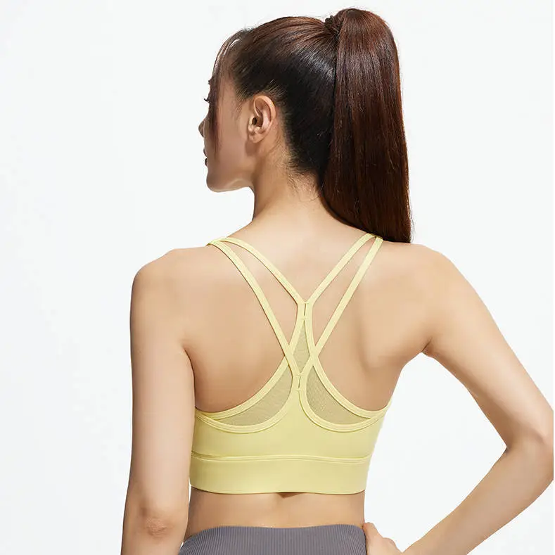 Women's High-Strength Sports Bra Back Cross Mesh Backless Shock-Proof Push-Up Fitness Padded Style with Spandex Lining