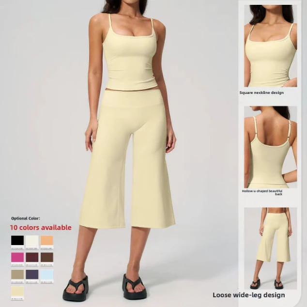 Women U-Back Adjustable Spaghetti Strap Yoga Tank Top High Waist Cropped Flare Capris Pants Workout Activewear Two Piece Set