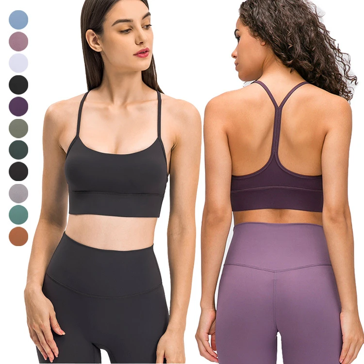 Women Medium Support Strappy Padded Athletic Running Pilates Yoga Bra Y Racer Back Spaghetti Straps Workout Sports Bra Crop Tops