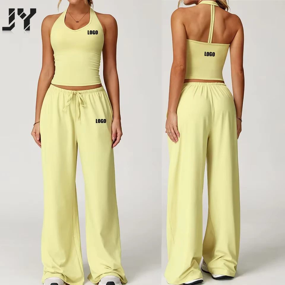 JY Custom Logo Women's Solid Yoga Suit Quick-Dry V-Neck Y-Line Straps Backless Two-Piece Set for Sports Running Cycling Fitness