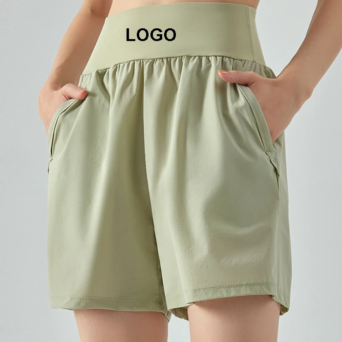 Women's High-Waisted Tummy Control Sports Shorts Summer Double Pocket Fitness Running Yoga Loose Breathable Pants