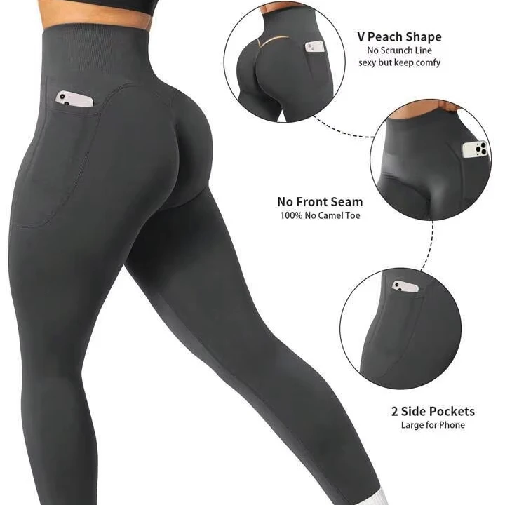 Women's Seamless High Waist Yoga Pants Side Pocket Quick Dry Running Leggings for Abdomen Scrunch Butt Bound Feet Solid Ladies'