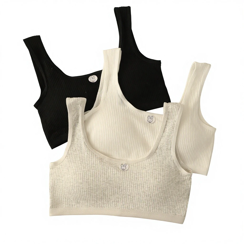 Y9274 Adolescent Girls' Cotton Solid Thin Wire Free Sports Bra with Removable Chest Pad U-Shaped Design for School Students