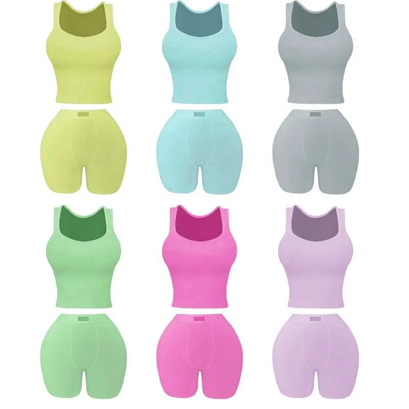 Women's Set Two Pieces tank Top Shorts Lounge Wear Dupe Polyester Ribbed Loungewear Yoga Set