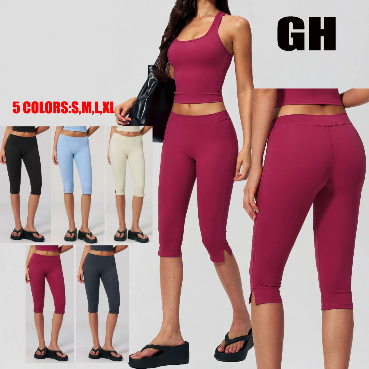 GH Summer New Style Workout Yoga Leggings Nylon Spandex Activewear Cropped Pants Low Waist Women Capri Leggings with Side Slits