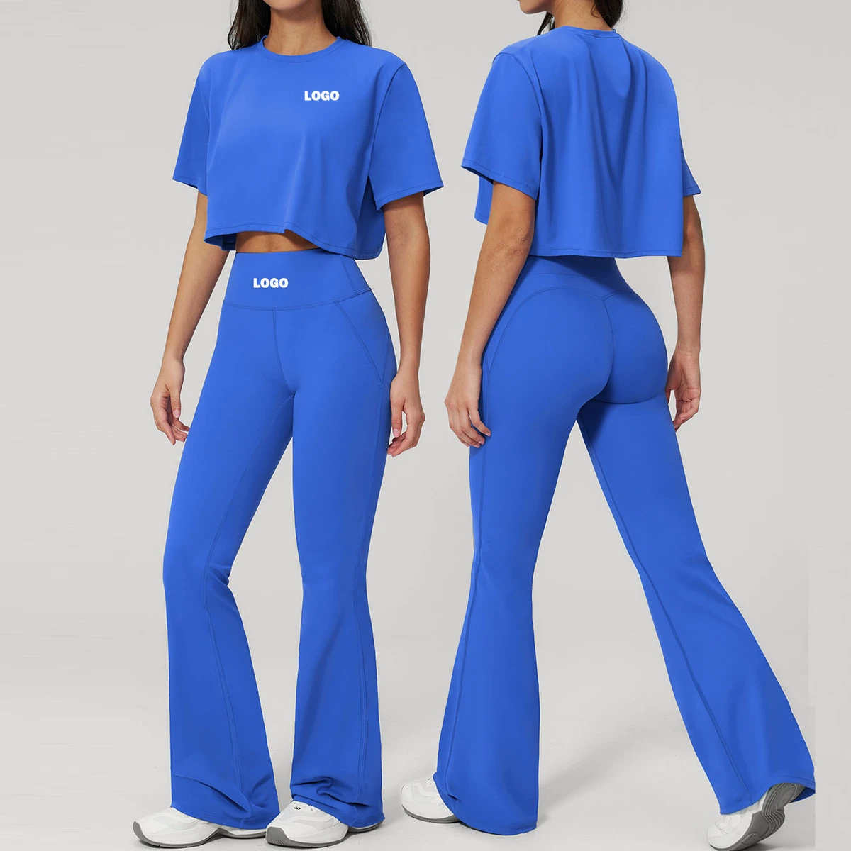 Custom Cropped T Shirts Flare Legging Set 2 Pieces Yoga Set Yoga Fitness Workout Gym Activewear for Women