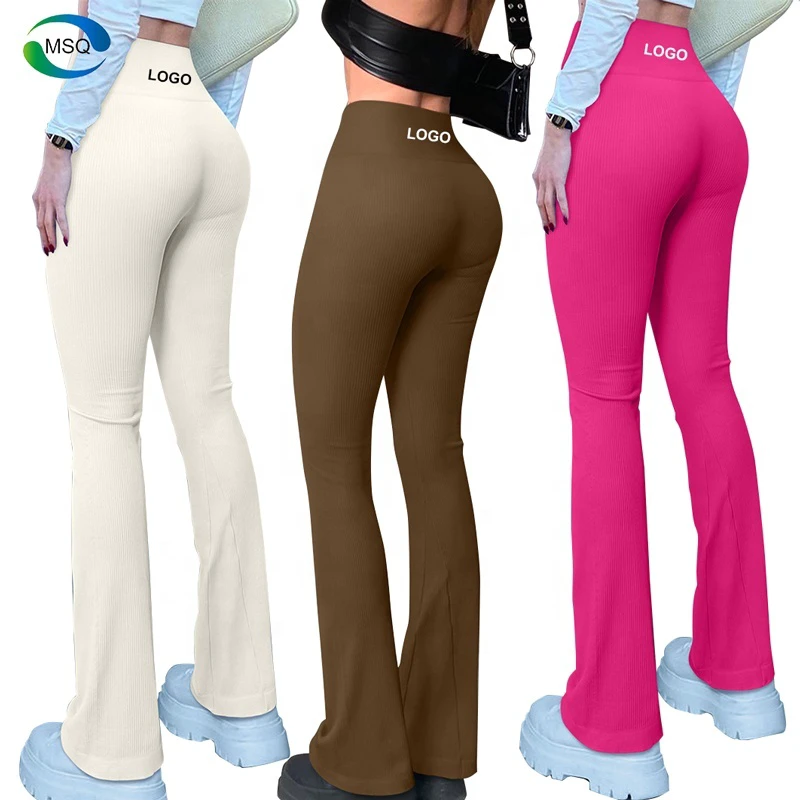 Customized Ribbed Stretch Bootcut Yoga Pants Solid Color High Waisted Workout Boot Leg Dress Sports Flared Leggings