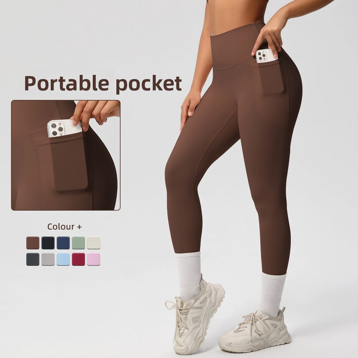 Women's High Waist Yoga Leggings With Phone Pockets, Tummy Control Workout Pants For Gym Running