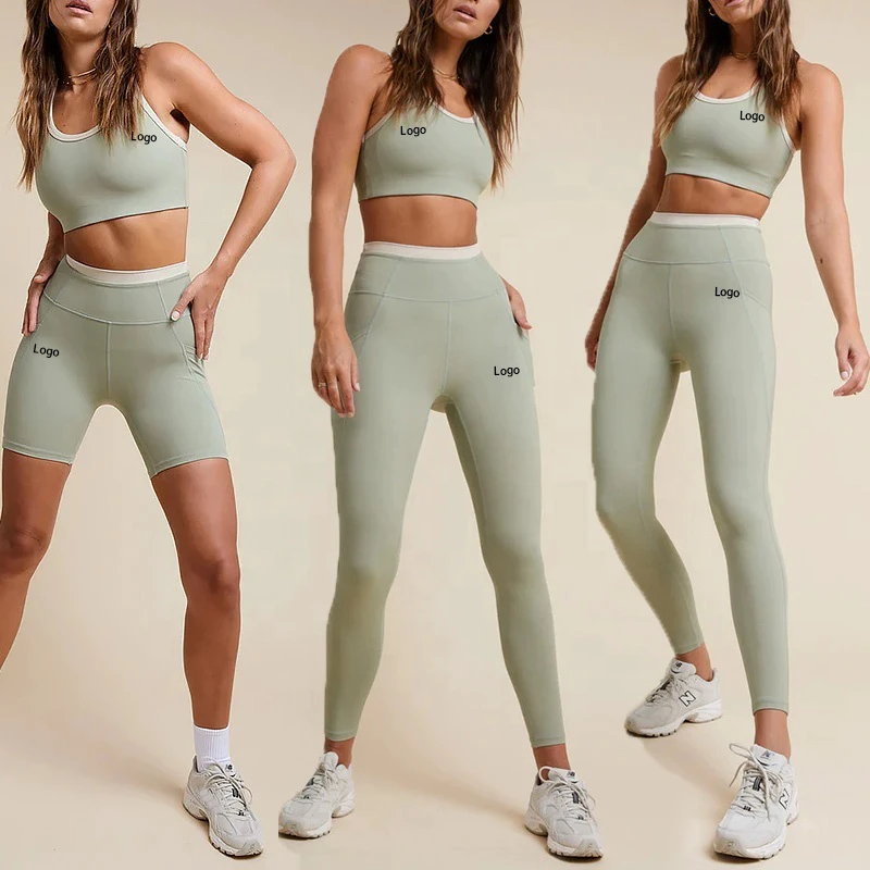 Custom logo Active Wear 2 Piece Plus Size Compression Fitness Outfit Leggings With Pocket Women Yoga Set Leisurewear