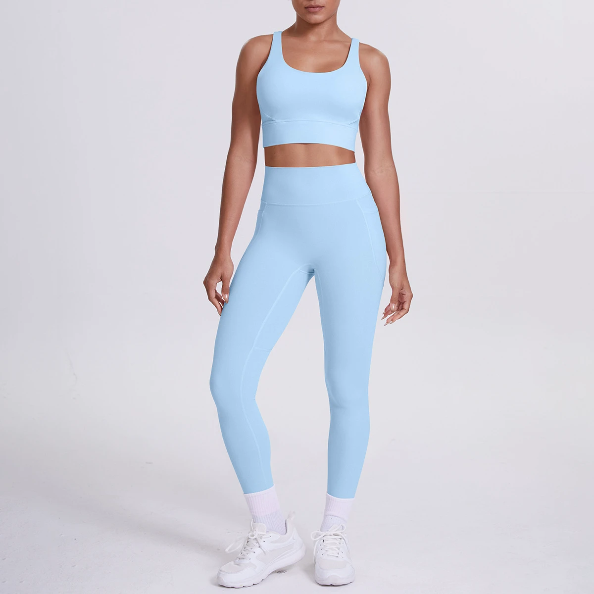 European American Sports Yoga Pants Sexy Cross Shoulder Strap High-Waisted Elastic Waist Naked Solid Color Fitness Set Plus Size