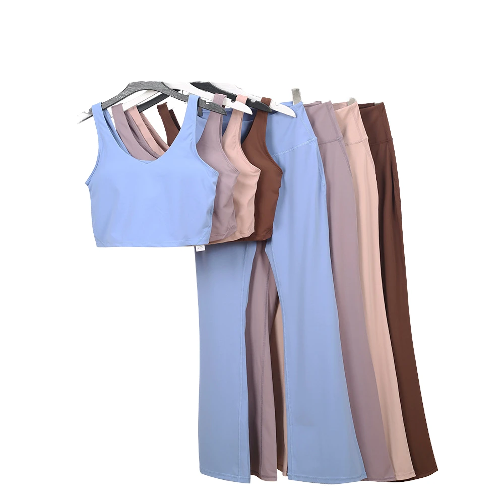 Ladies Yoga Set 2 Piece Crop Top High Waist Full Length Pants Seamless Solid Color Racerback Sleeveless Spandex Polyester