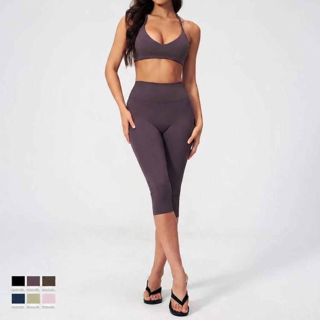 Fashionable Casual Tight-Fit Yoga Outfit European American Style Quick-Drying Solid Front 2-Piece Set Four-Way Stretch for