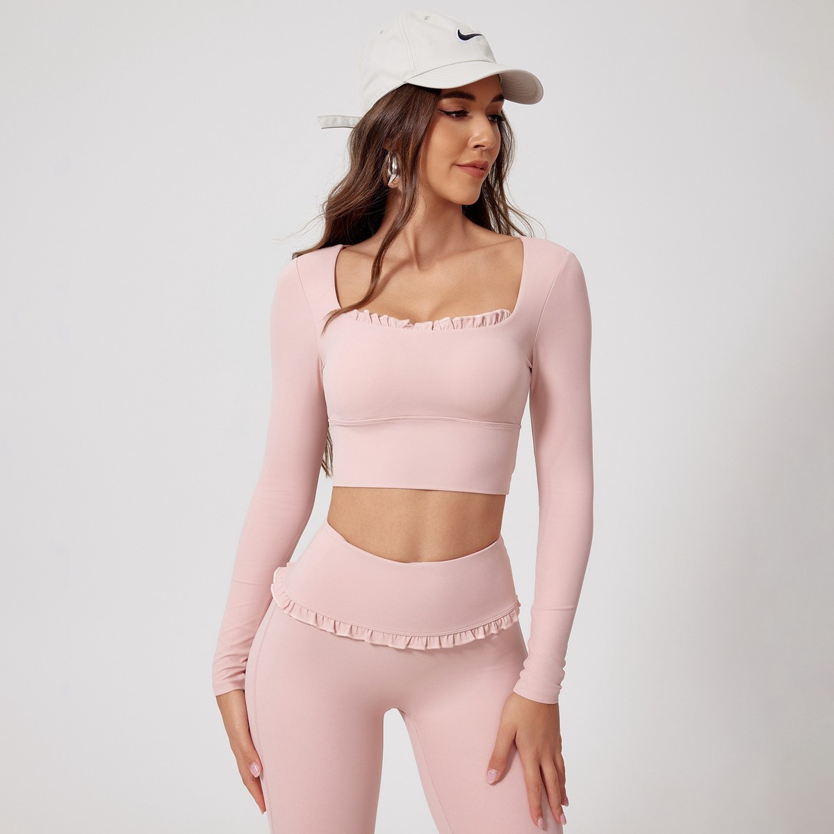 FLW Women's Long Sleeve Lace Yoga Suit Comfortable XXL Fitness Crop Top Leggings Breathable Seamless Sportswear for Gym Workout
