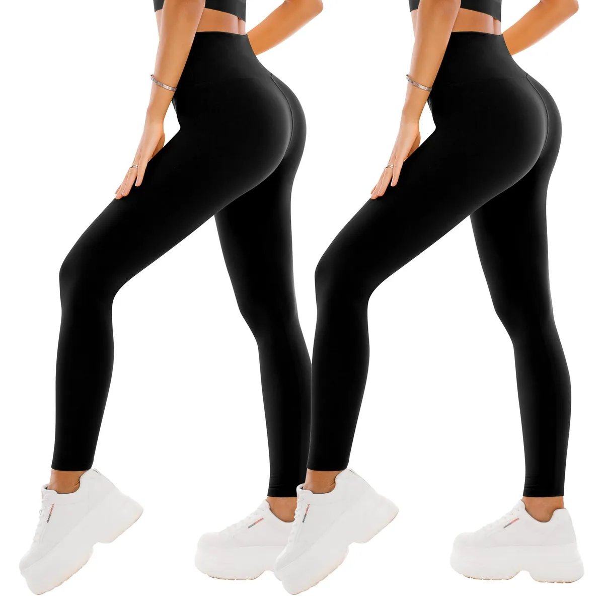 SINOPHANT Women's Solid High Waist Elastic Waist Yoga Pilates Leggings Soft Stretchy Tummy Control Full Length