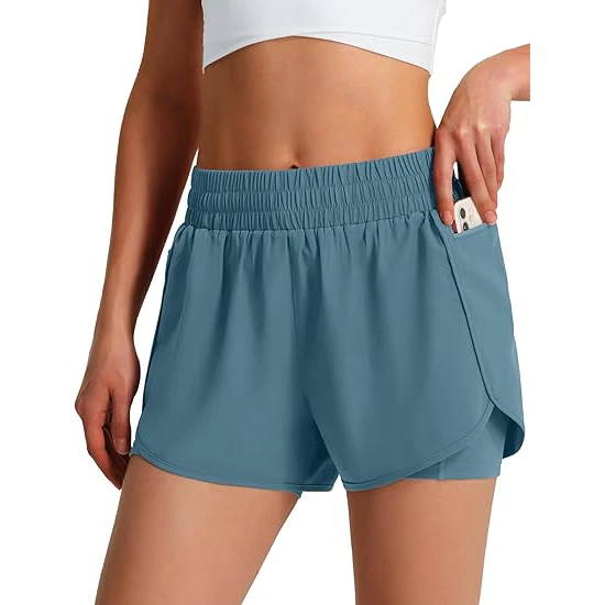 High Waist Women Quick Dry 2 in 1 Shorts with Inner Lining Elastic Waistband Sport Yoga Gym Workout Shorts with Pocket