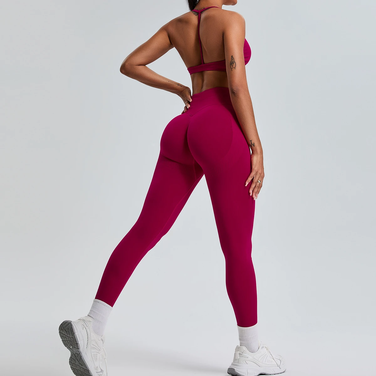 Two-Piece Fitness Set Sexy Backless Gym Top High Waist Sport Leggings Padded Butt Lifting Shorts Breathable Solid Yoga Leggings