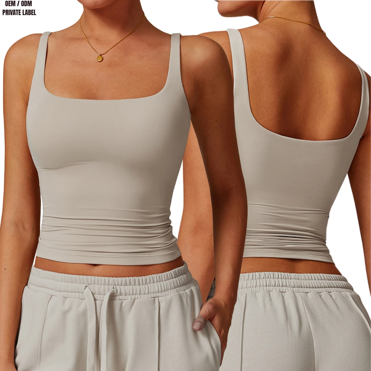 Custom Logo Women's Square Neck Crop Tank Top With Built-in Bra Naked Feel Fitted Yoga Top Sleeveless Workout Gym Activewear