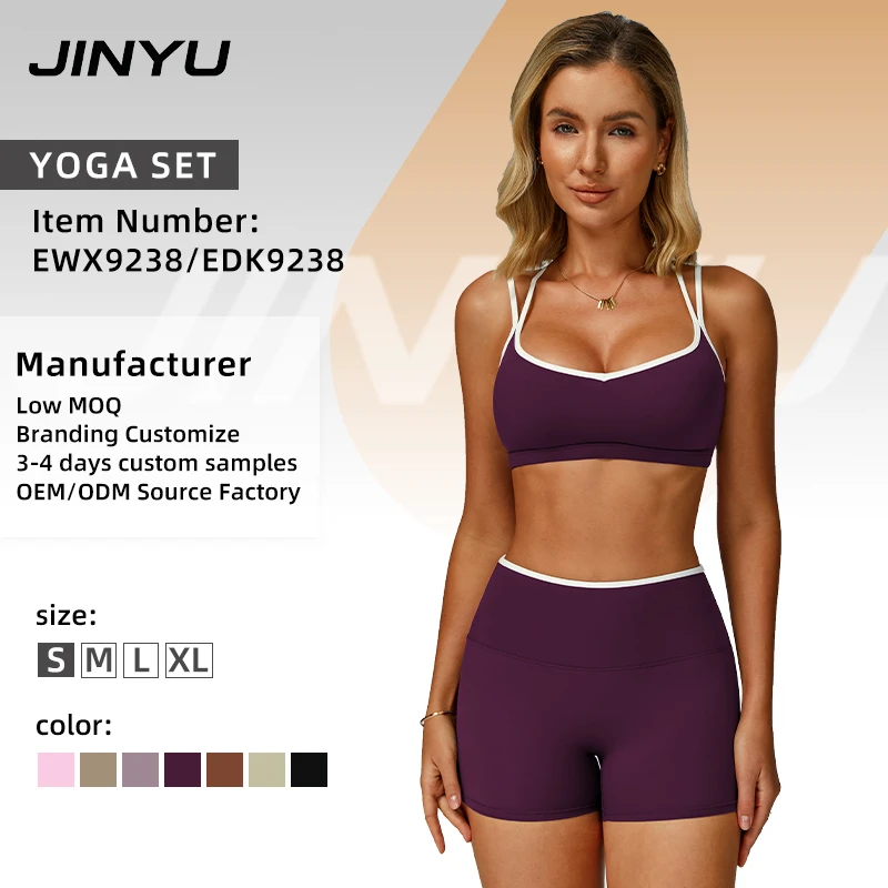 JINYU New Women's Halter Yoga Set Cross Back Sports Bra and High Waist Biker Shorts Soft Gym Workout Activewear OEM Yoga Clothes