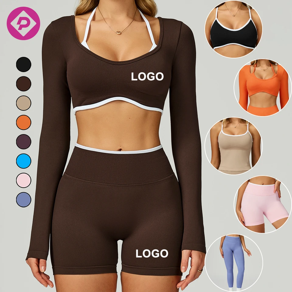 OEM Fashion Women Scrunch Shorts Contrast Scoop V-Neck Padded Crop Tops Bra Long Sleeves Leggings Gym Fitness Yoga Set