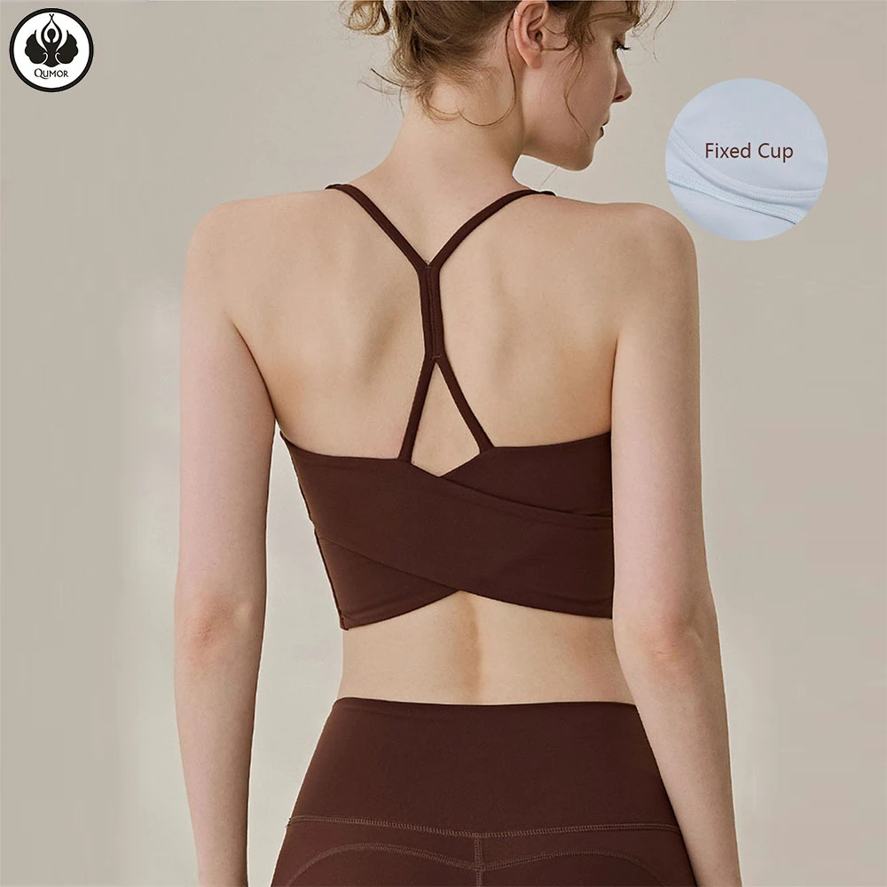 QUMOR Women's XL Nylon Breathable Fitness Sports Bra Light Support Wirefree Fixed Cup Yoga Top Logo Front Crisscross Straps Side