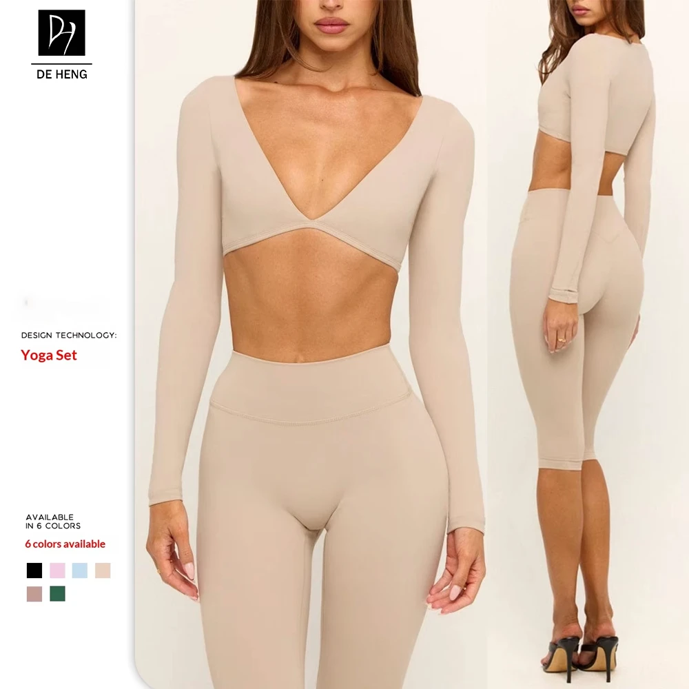 New Custom Long-Sleeved Crop Top and Mid Length Leggings Fitness Wear Sports Running Athletic Gym Yoga Sets
