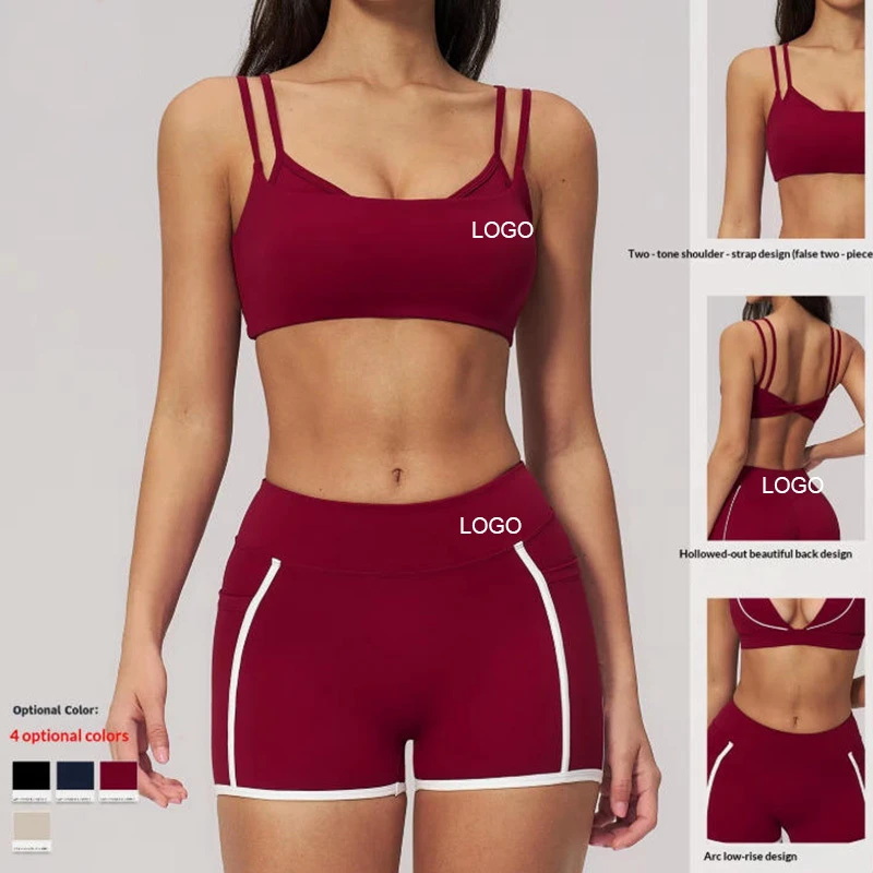 Cross-border Naked Feeling Yoga Wear Women's Fitness Clothing Set Striped Shorts White Contrast Color Slim-fit Breathable