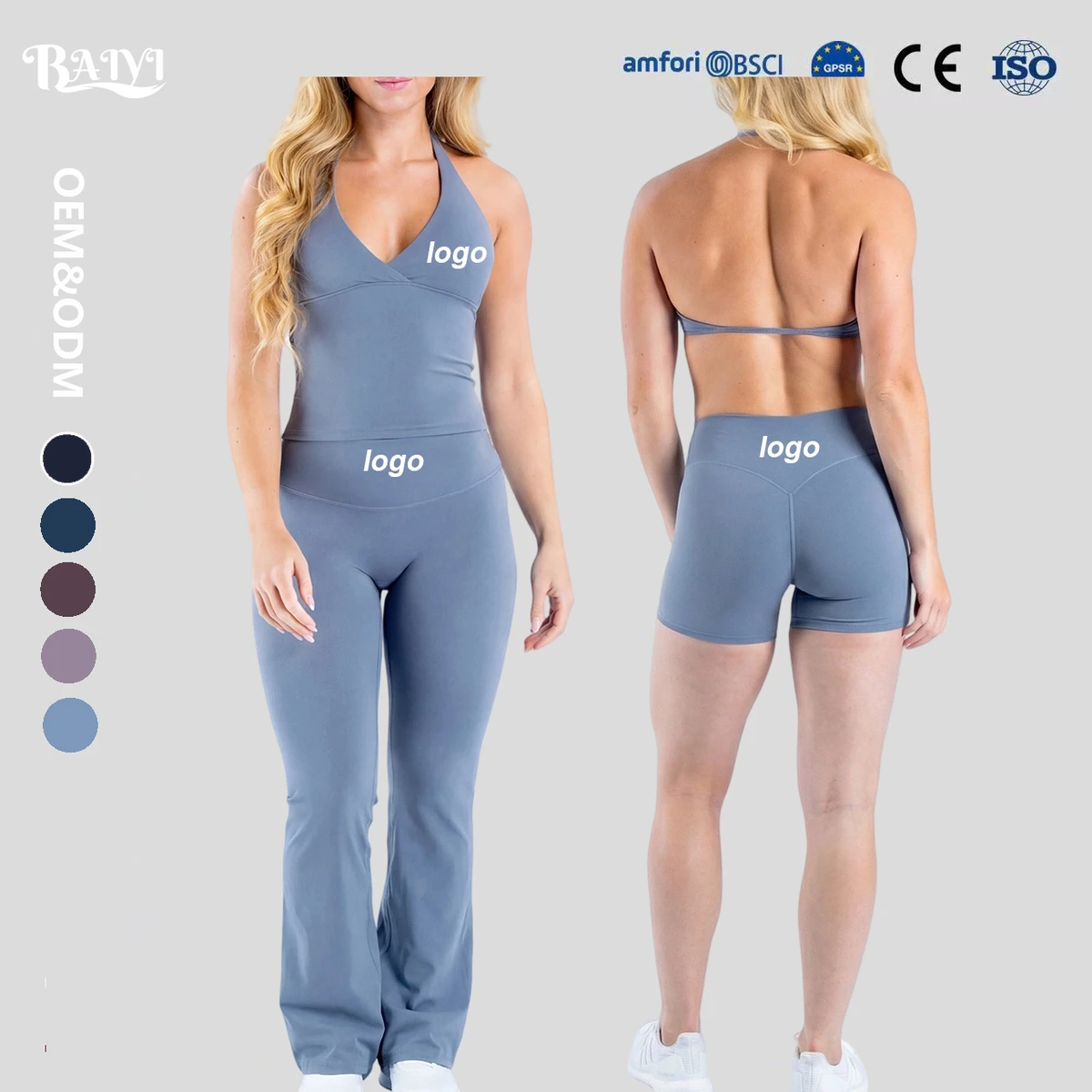Custom Women's Gym Activewear Seamless Backless Open Back Sports Bra/Tank Top/Shorts/Flare Leggings 2 Piece Fitness Yoga Sets