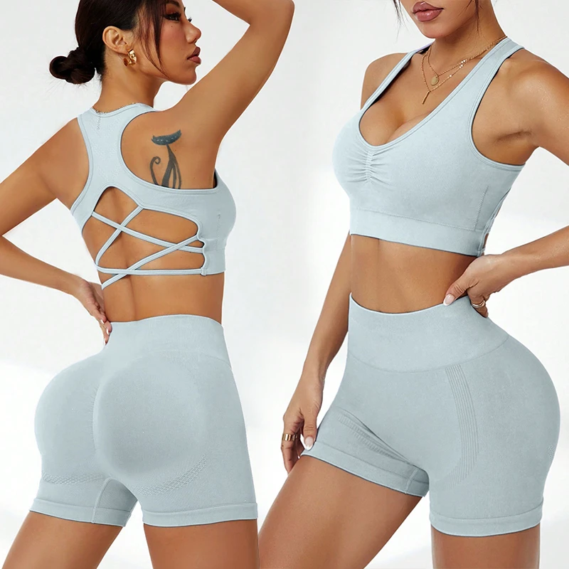 High Quality Custom 2 Piece Women Sports Bra Leggings Gym Shorts Activewear Sportswear Yoga Fitness Set