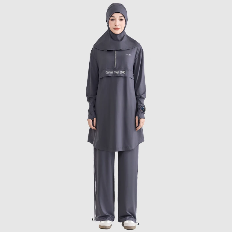 OEM Custom Logo Modest Activewear Muslim Women Sportswear 2 Piece Set Long Top And Wide Leg Pants
