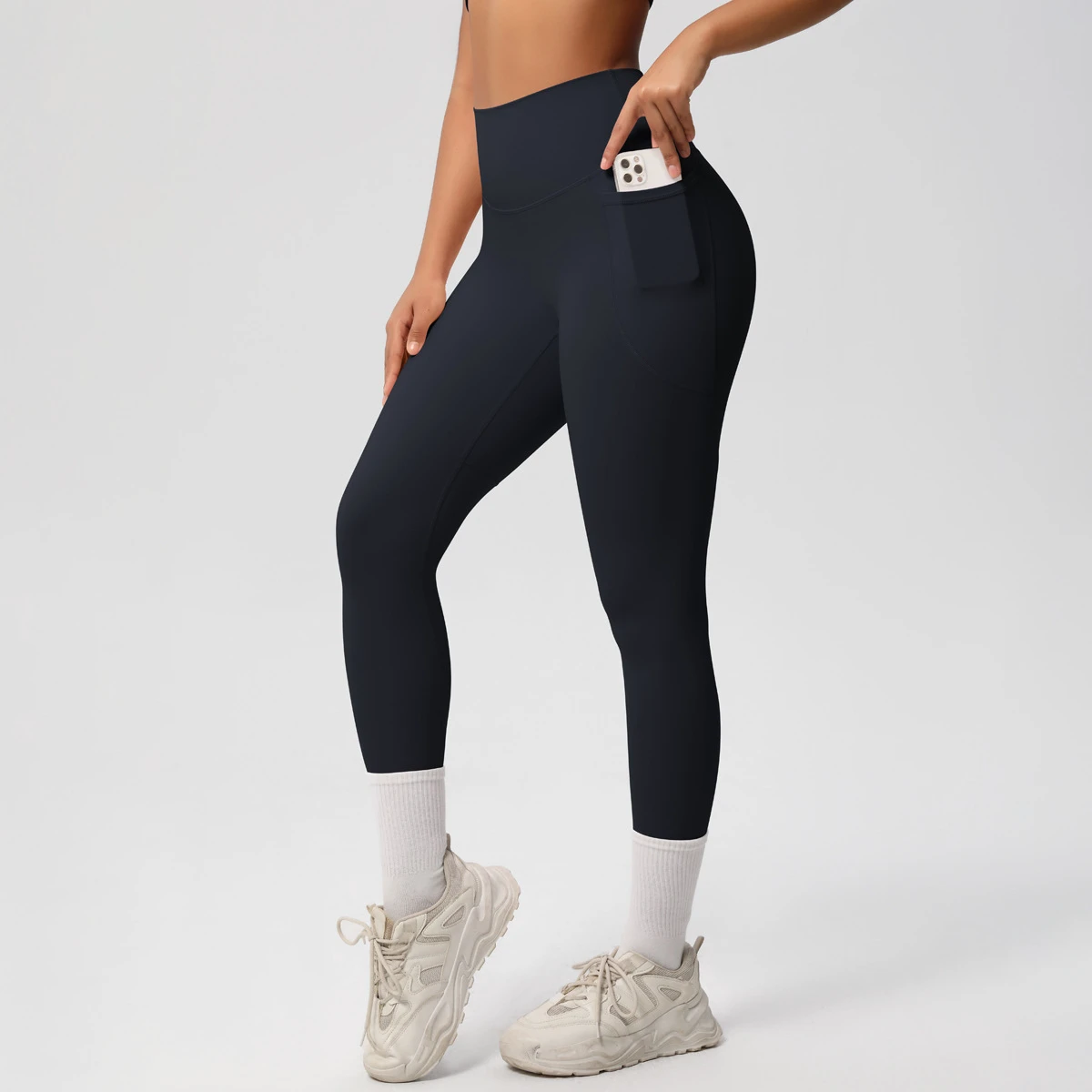 High Elastic Waist Spandex Breathable Leggings Soft Comfort Stretch Non-Front Seam Running Pants Plus Size Custom Side Pockets