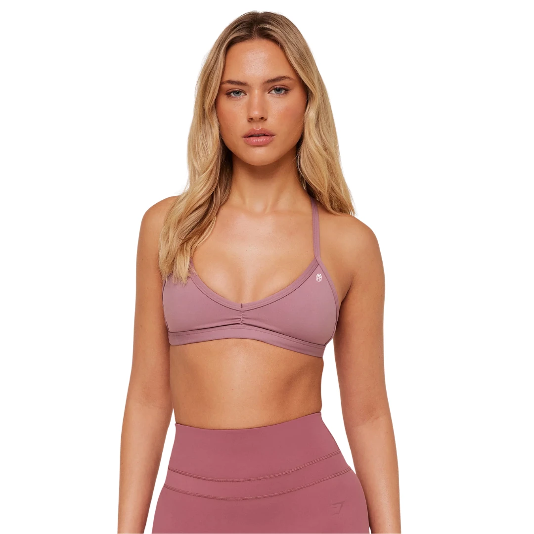 Custom Logo Women Calm Pink Minimal Sports Bra Nylon Spandex Light Support Strappy Yoga Top Workout Gym Fitness Wear Mauve Pink