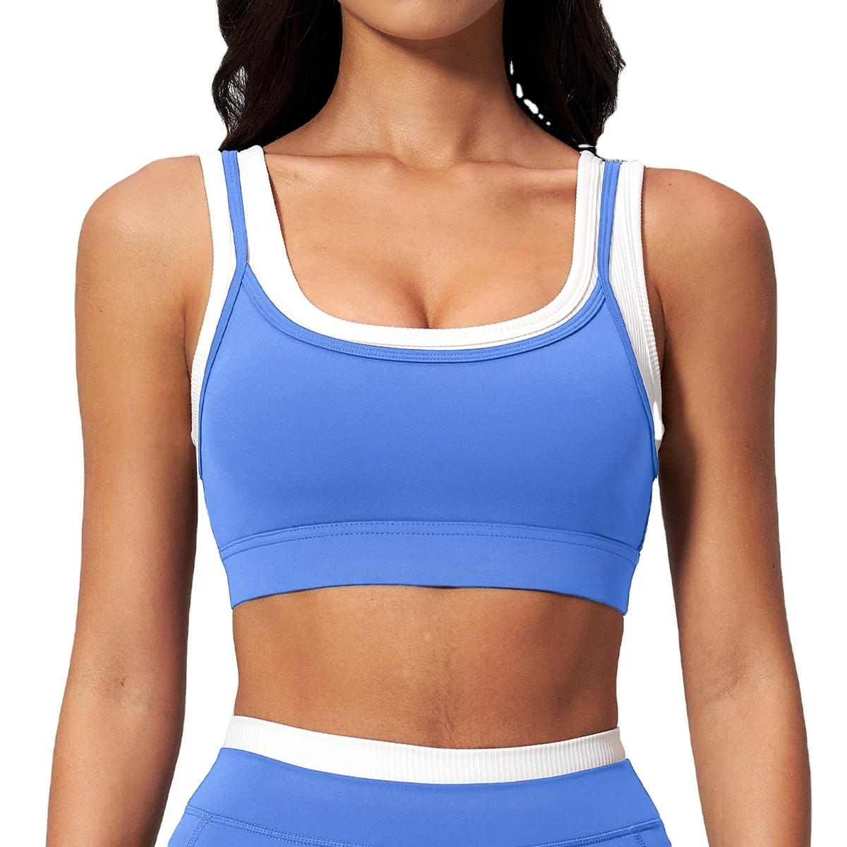 Women's Naked-Feel Ribbed Contrast-Color Yoga Bra Running Fitness Sports Bra
