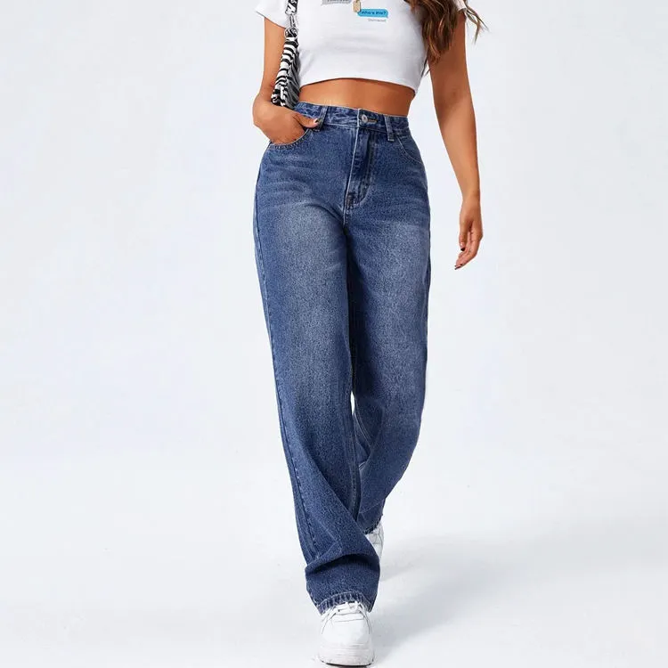 Trendy Women Denim Pants Regular Fit High Waist Breathable Comfortable Cotton Blend Fabric for Casual Streetwear Office Travel