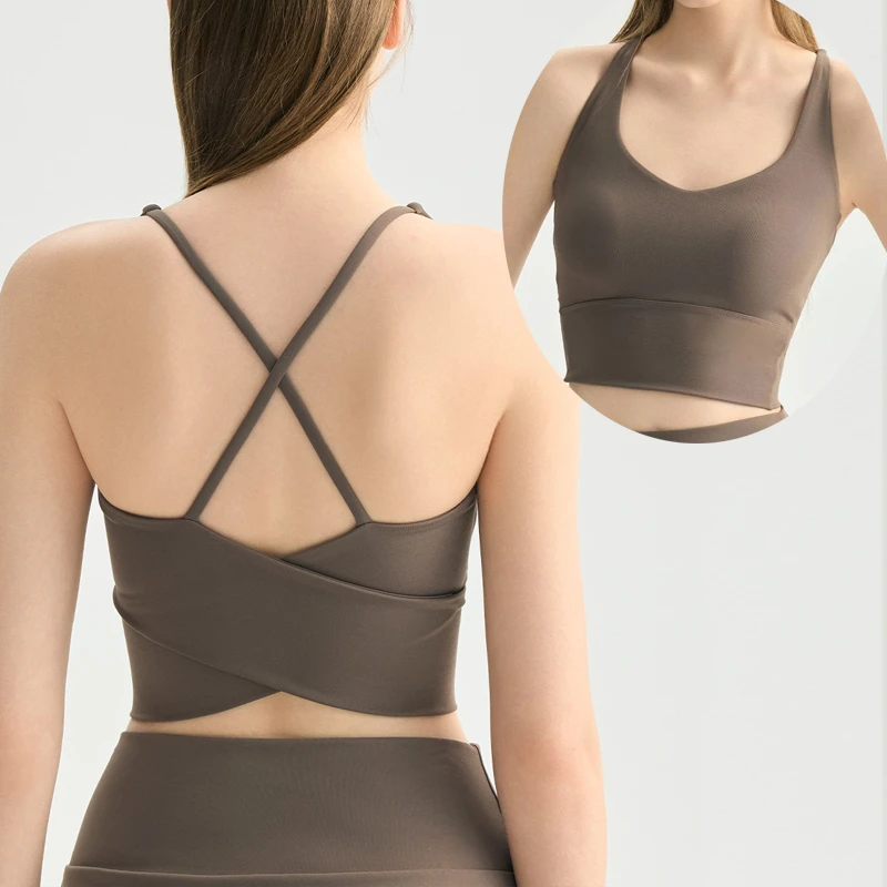 Women's Medium Support Wirefree Fixed Cup Yoga Top Thin Straps Side Coverage Cross Back Fitness Gym Workout Sports Bra