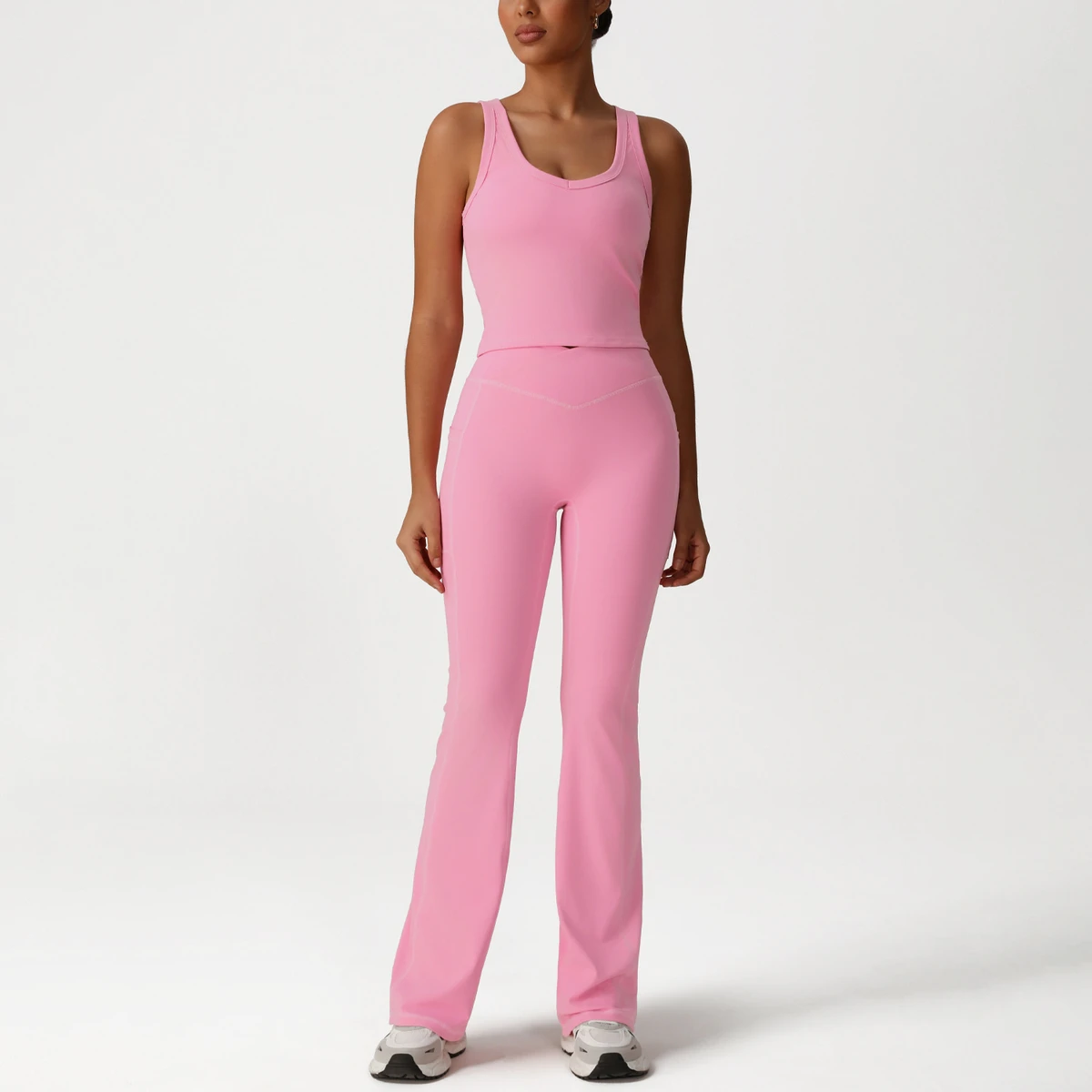 XW-sm2526-8 Classic New Arrivals Solid Ladies Activewear High Elastic Fitness Crop Tank Top Flared Gym Leggings 2 Piece Yoga Set