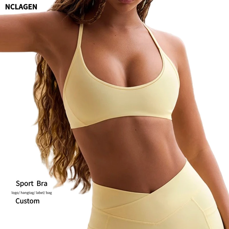 NCLAGEN Naked Feel Soft Sports Bra for Women High Elasticity Halter Neck Y-Back Yoga Top Shockproof Running Fitness Gym Bra