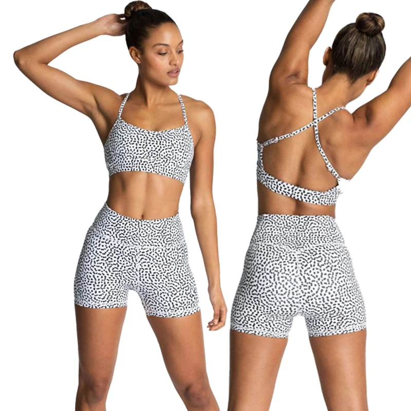 Ladies Leopard Print Short Yoga Set Sexy Backless Padded Sport Bra High Waist Shorts Fitness Gym Wear Suit