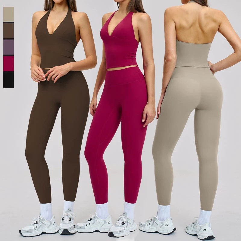 SHINBENE 2Pcs Women's Backless Workout Sets 2 Piece Yoga Outfits High Waisted Yoga Leggings and Sports Bra Gym Clothes Tracksuit