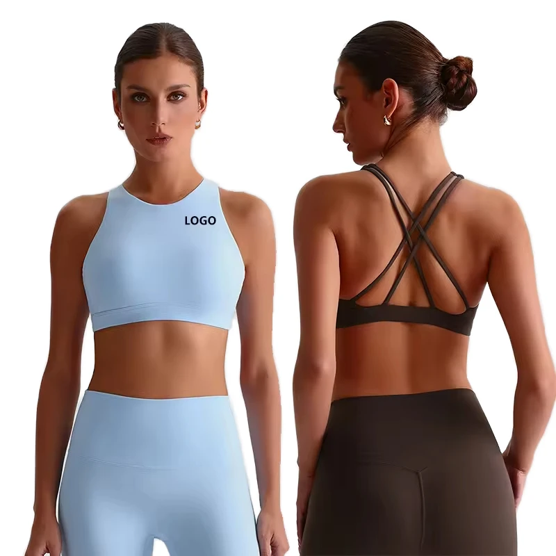 Wholesale Adjustable Shockproof Simple Anti-UV High Support Yoga Sports Bra Workout Custom Front Pad Buckle CrissCross Design