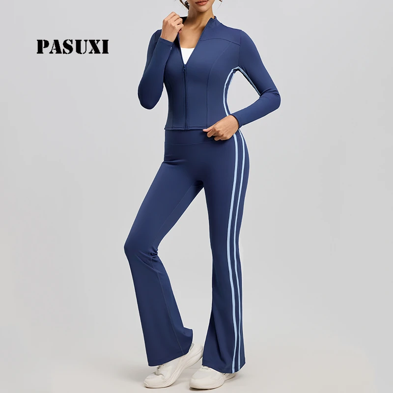PASUXI Wholesale Striped High Waist Yoga Set Breathable Seamless Push up Leggings Gym Fitness Sports Suit for Women