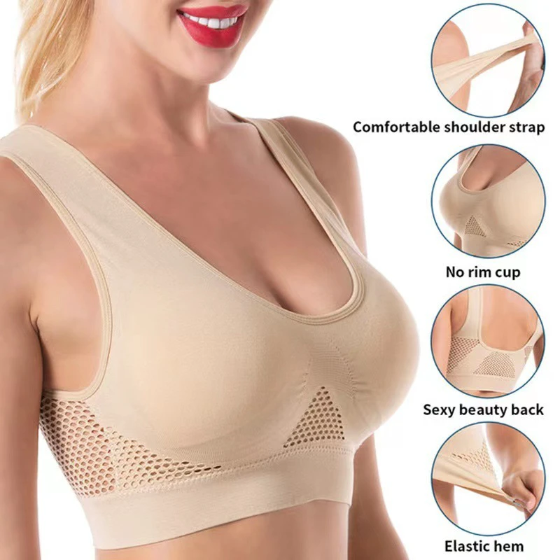 Mesh Hollow Breathable Hole Sports Bra Plus Size Yoga Running Sports Bra Wire Free Fixed Shoulder Straps