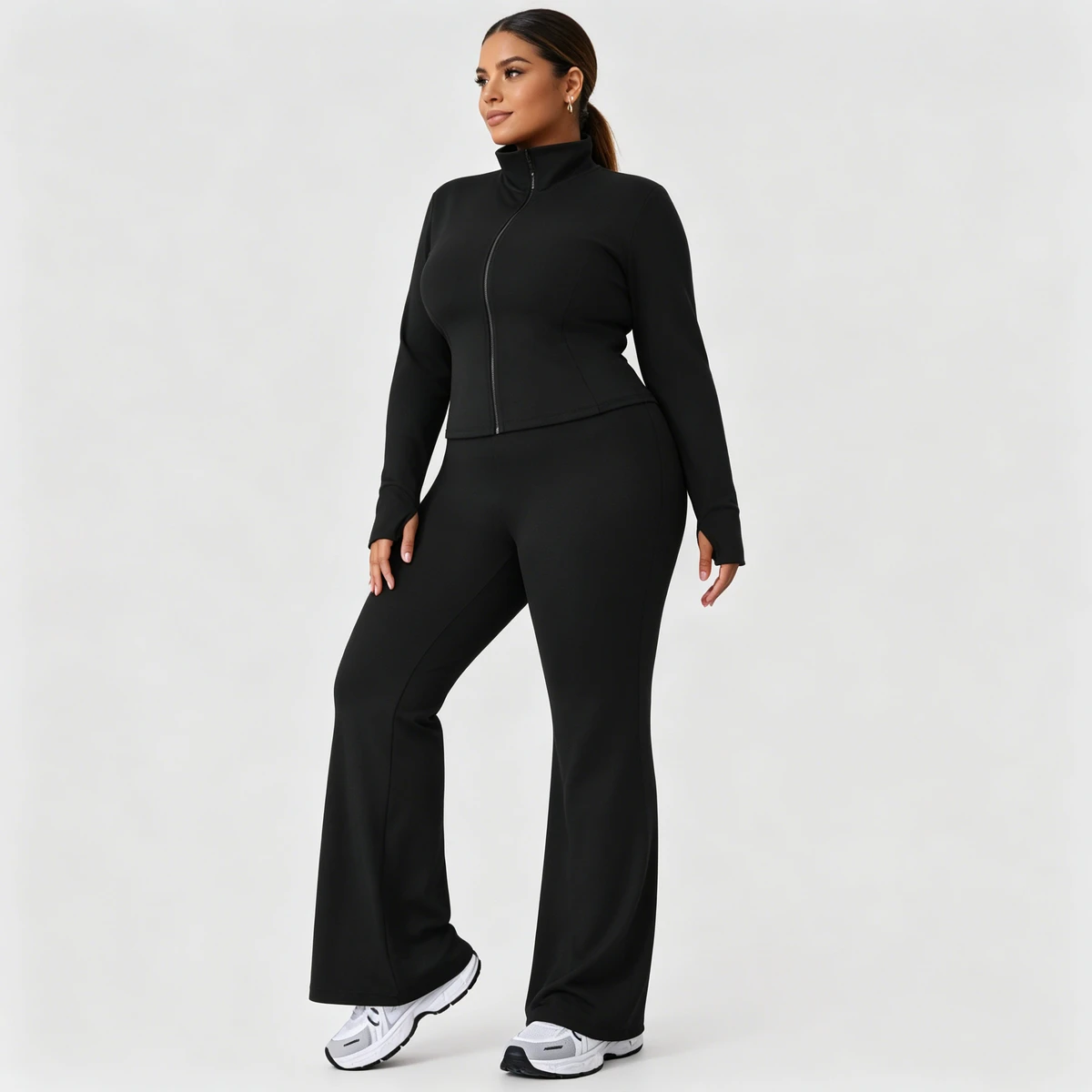 Women's Plus Size Sports Set For Autumn & Winter Slim-Fit Stand Collar Jacket High-Stretch Hip-Lifting Flared Pants Fitness Suit