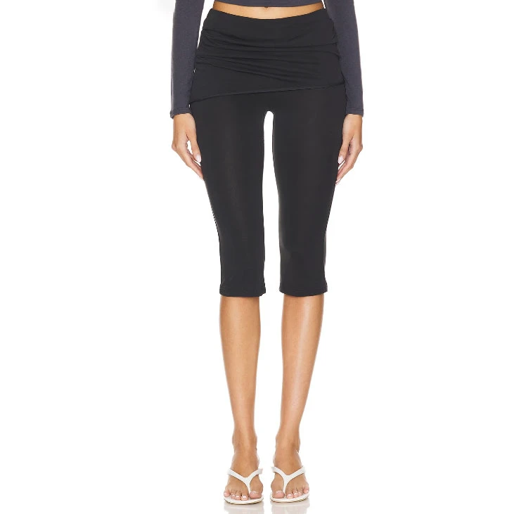 Women Slim Fit Skinny Cropped Cotton Spandex Ruched Fold Waist Pants Capri Trousers Plain Color Capri Pants