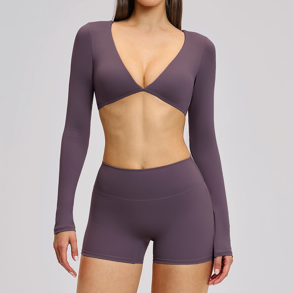 Custom Logo Women Yoga Long Sleeve Crop Tops High Elastic Waist Workout Shorts Nude Soft Gym Fitness 2pcs Sets