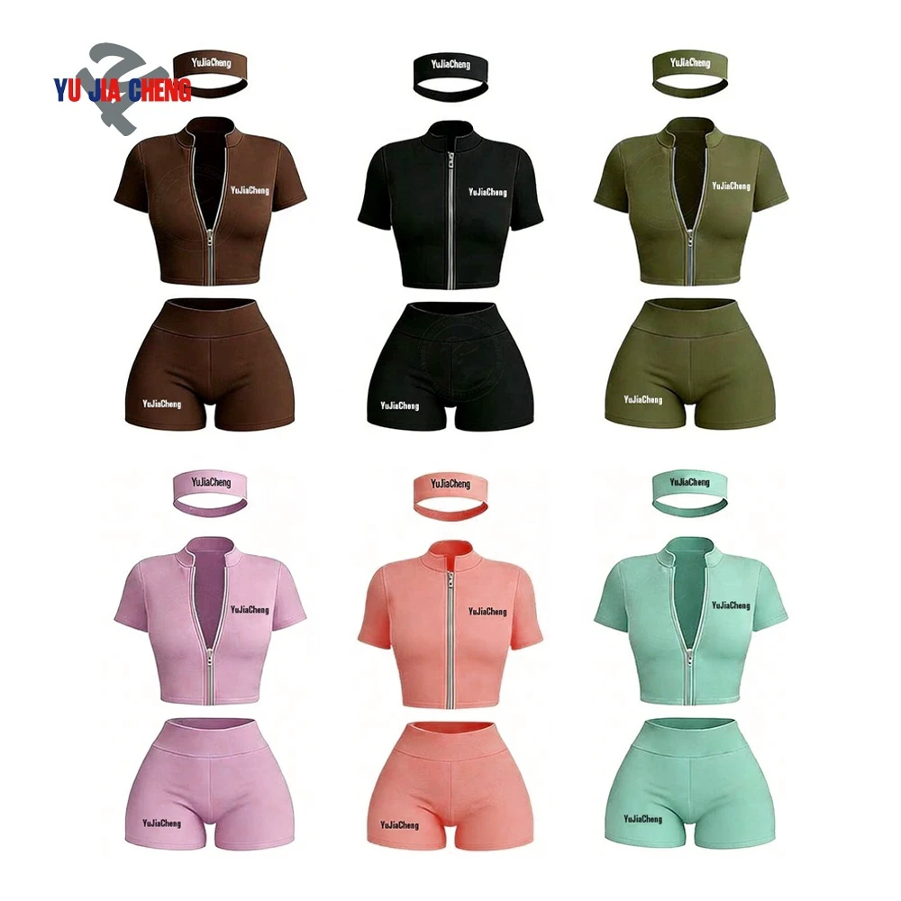 Custom Gym Fitness Sportswear Workout Outfits Zip up Yoga Top and High Waist Leggings Shorts Two Piece Women Tracksuits Set