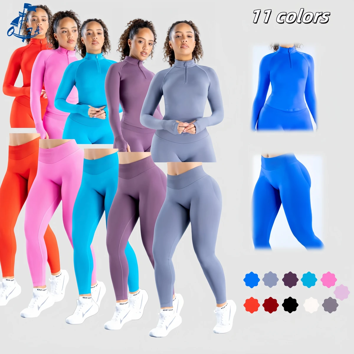 DF New Sportswear Gym Fitness Zipper Yoga Set Elastic Silm Long-sleeved Top High Push up Outdoor Workout Scrunch Leggings logo