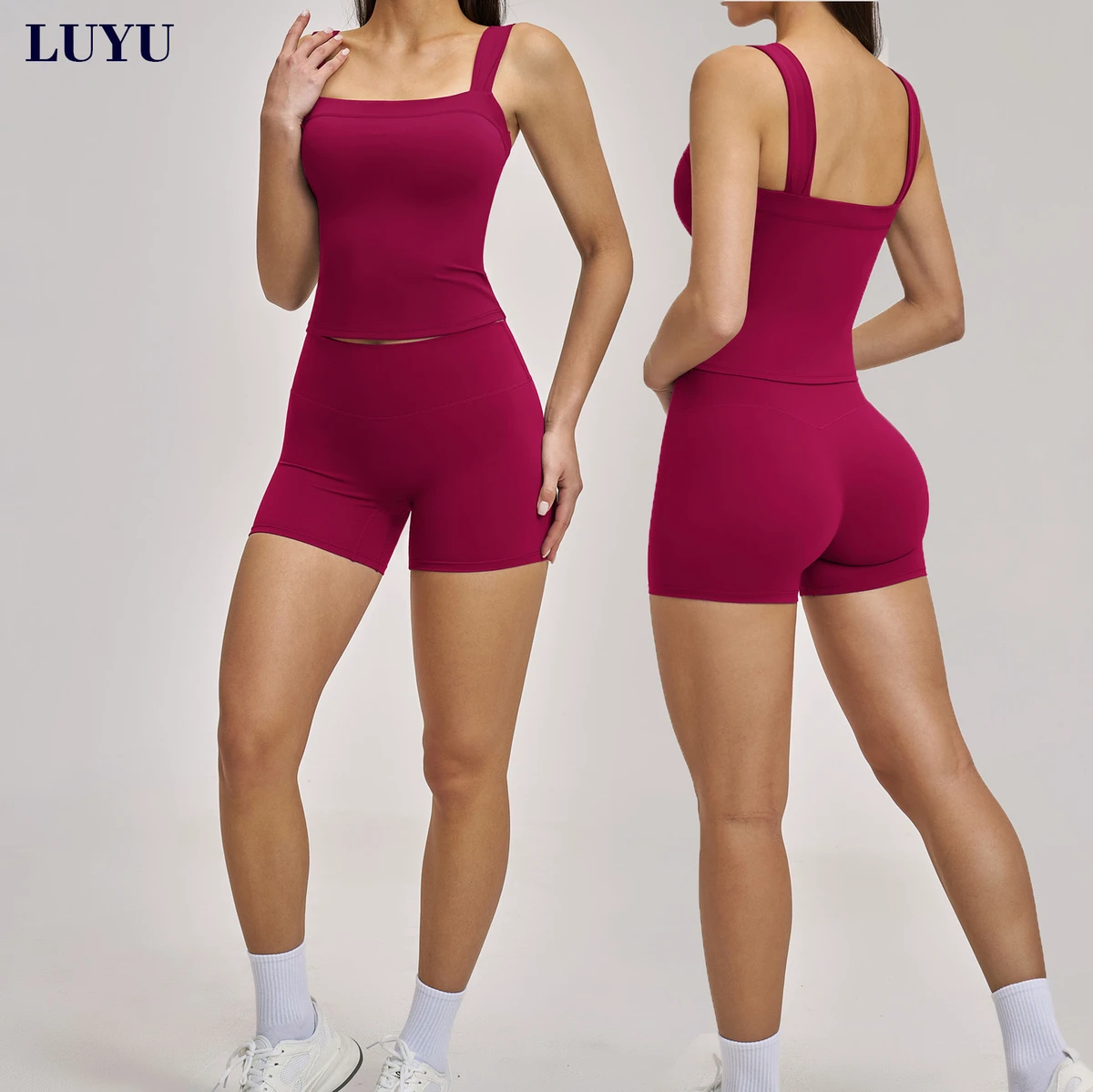 Square Neck Tank Top/High Waist Shorts Women Yoga Sets Butt-lifting Running Fitness Custom LOGO Sets