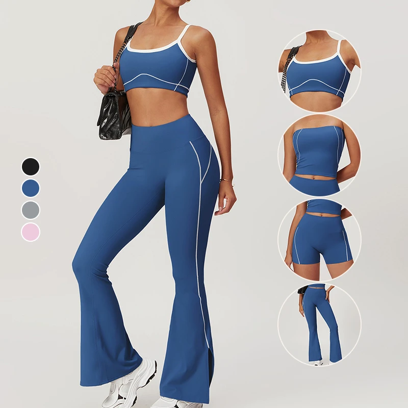 4 PCS High-Waisted Hip Lift Yoga Set for Women Nude Activewear Breathable Plaid Gym Shorts Tight-Fitting for Outdoor Running